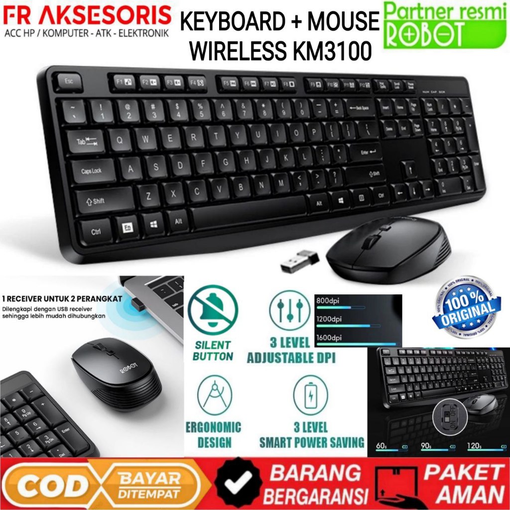Keyboard Dan Mouse Wireless ROBOT KM3100 Paket Keyboard & Mouse ROBOT