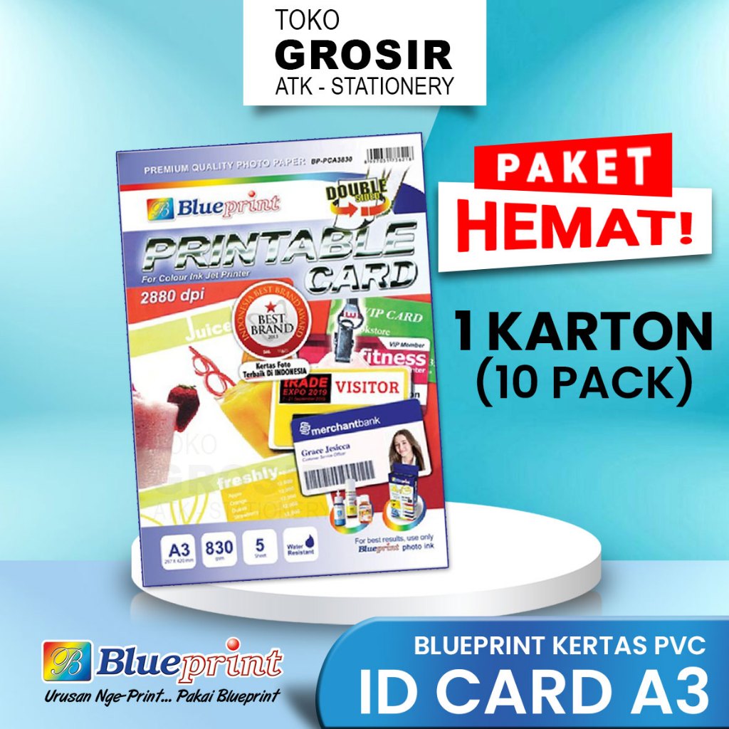 

PROMO HEMAT ID CARD A3 (1 KARTON 10 pack / 13 pack / 15 pack ) BLUEPRINT Printable Card White Kertas PVC Double Side 830 Micron