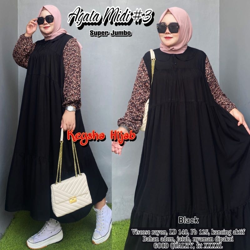 Gamis Midi Lebaran Motif Bunga Mix Polos Muslim Wanita Terbaru Agata Super Jumbo #3 Ld 140 Pb 125 BB