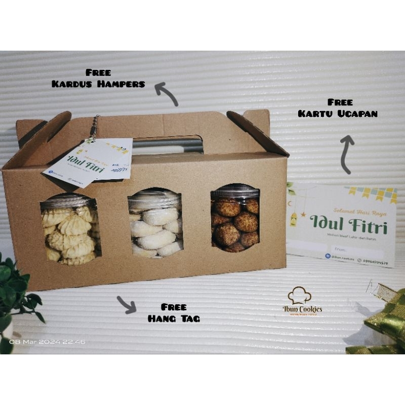 

Hampers Lebaran Idul Fitri Unik Kue Kering/Nastar/Putri Salju/Palm Cheese/Sagu Keju/Semprit/ ekonomis 600 ml