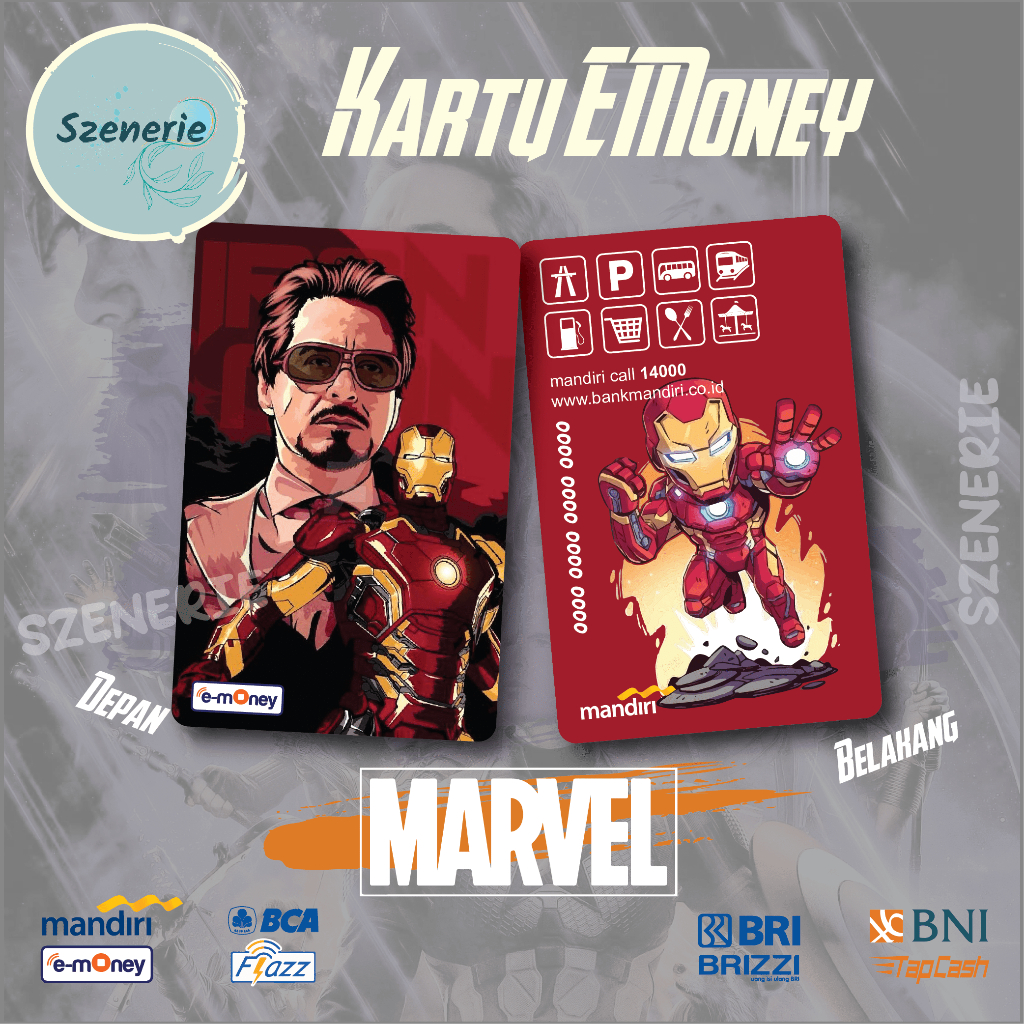 Emoney Seri Marvel Flazz gen 2 Kartu E-money Mandiri BCA Tapcash BNI Brizzi BRI NFC IronMan - 2 sisi