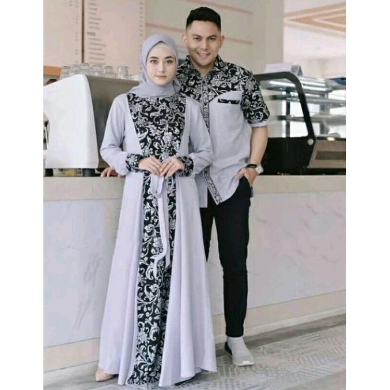set couple gamis kemeja batik kombinasi baju pesta lebaran kekinian terlaris