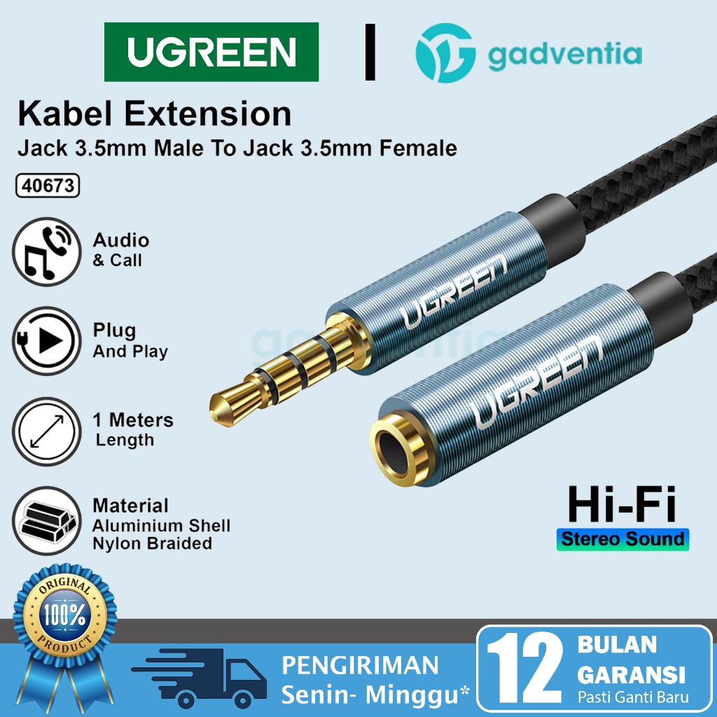 UGREEN 40673 Kabel AUX To Female Extension Cable Audio Jack 3.5mm HiFi Headphone Laptop Komputer