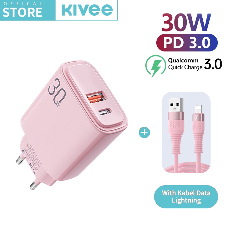 KIVEE Kepala Charger iphone Fast Charging 3W Macaron Charger Type C Micro USB Dual Port for Samsung 