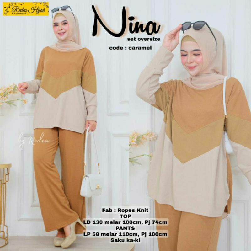 Nina One Set Over Size Redea Hijab Bahan Ropes Knit SetCel Jumbo LD 130 Melar Sampai 160