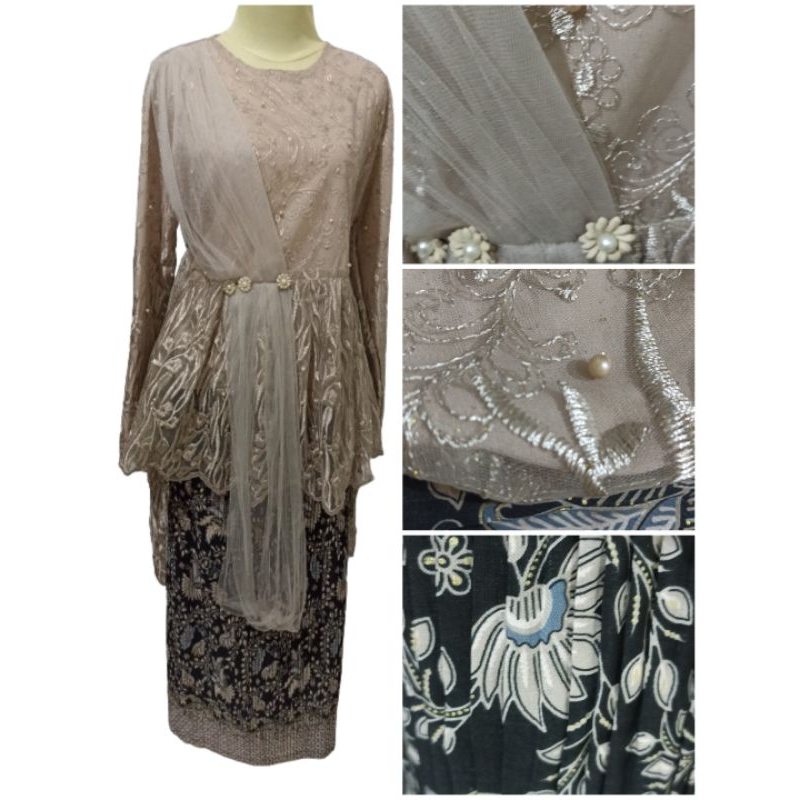 One Set Kebaya dan Rok Plisket Free Masker Senada Brokat