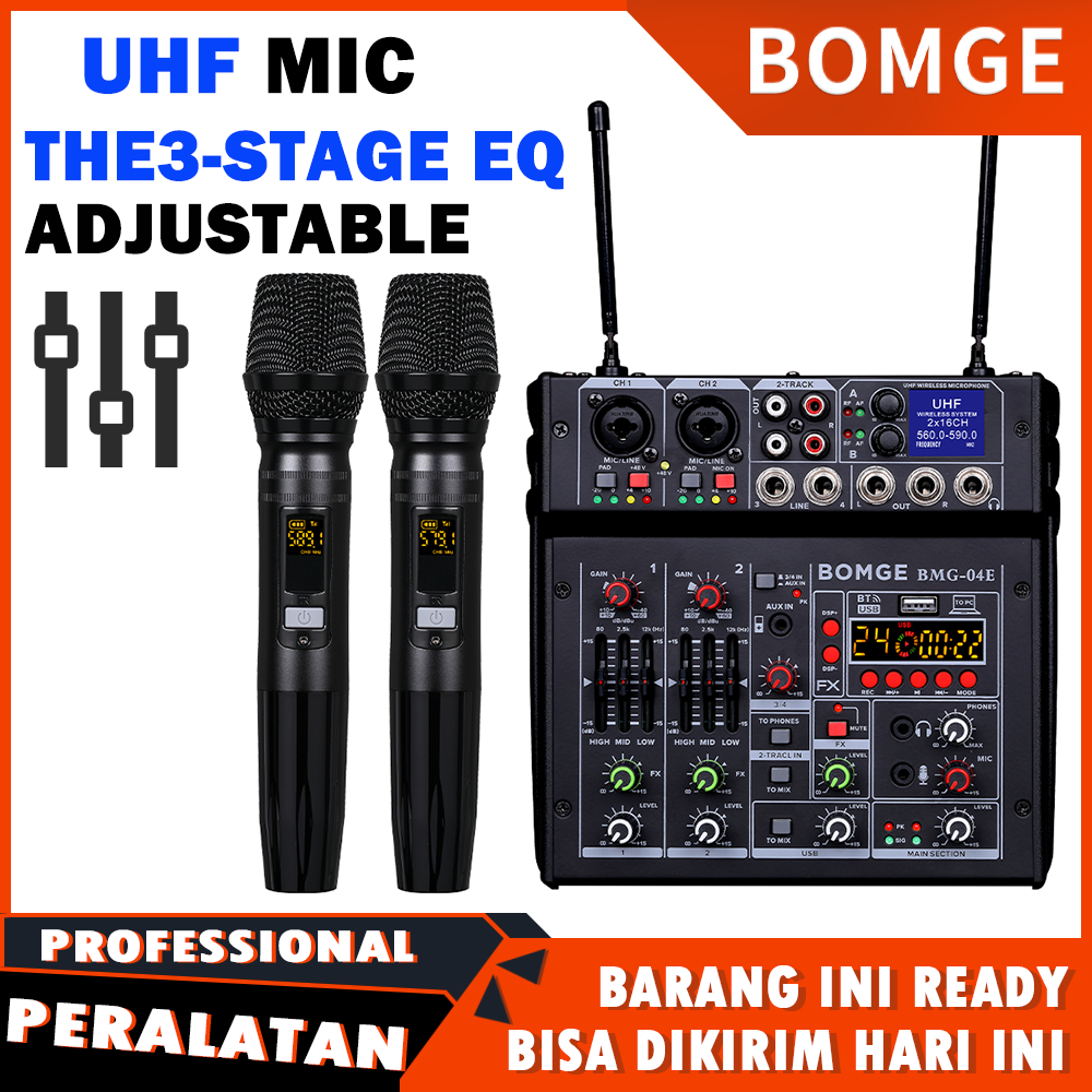 BOMGE 04E karaoke Audio mixer, 4 Channel Sound Mixer Dengan Dual UHF Wireless Mic, Sound Board Conso