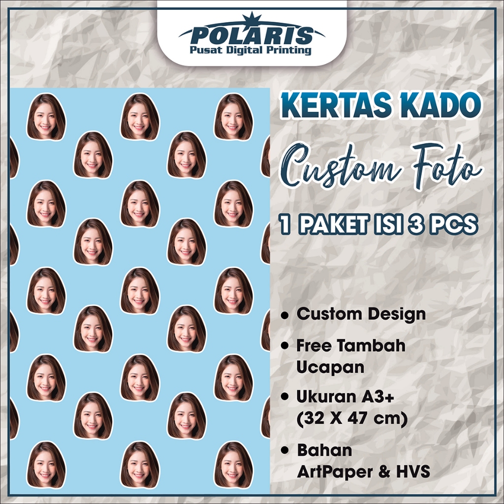 

KERTAS KADO CUSTOM (3 lembar A3+) Pakai Foto Sendiri / Idol | Cetak Gift Paper Viral High Quality