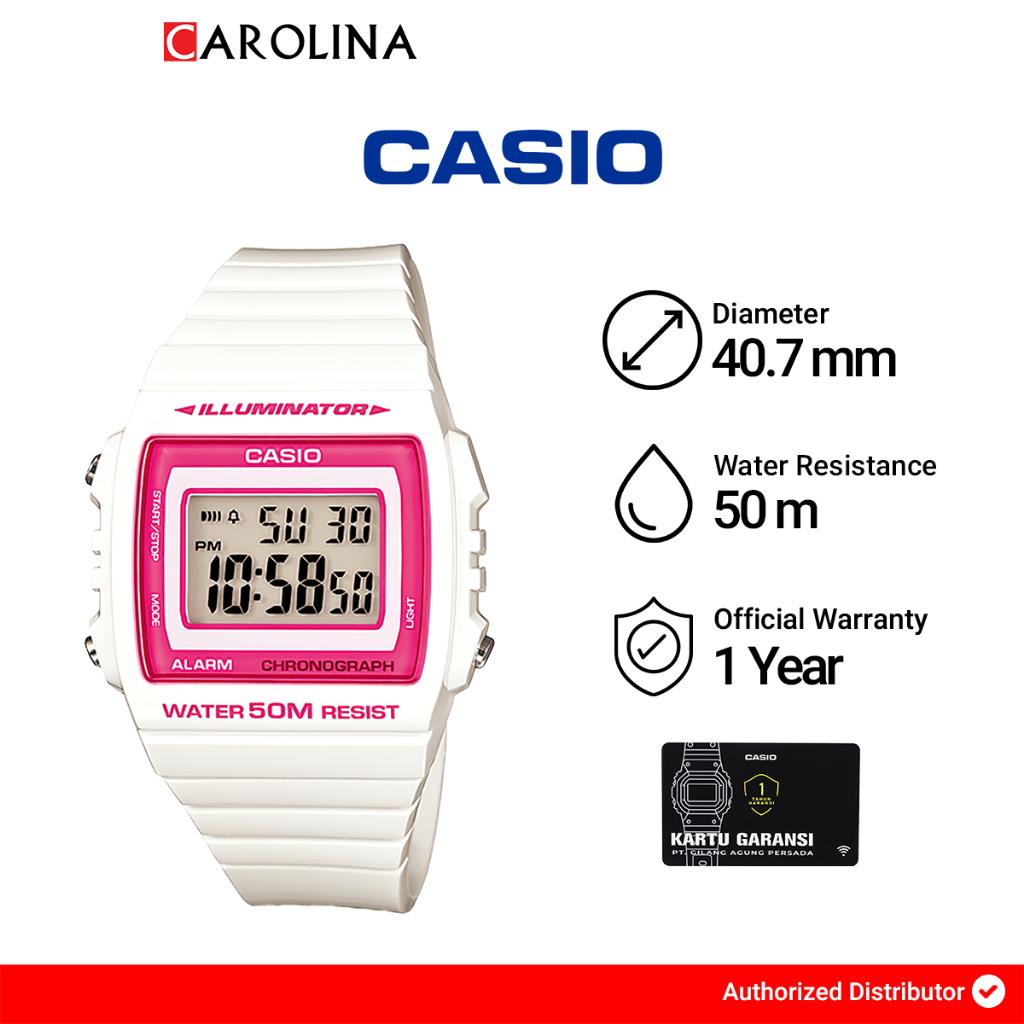 Jam Tangan Unisex Casio Standar W-215H-7A2 larm Chrono WR 50M Digital Dial White Resin Strap