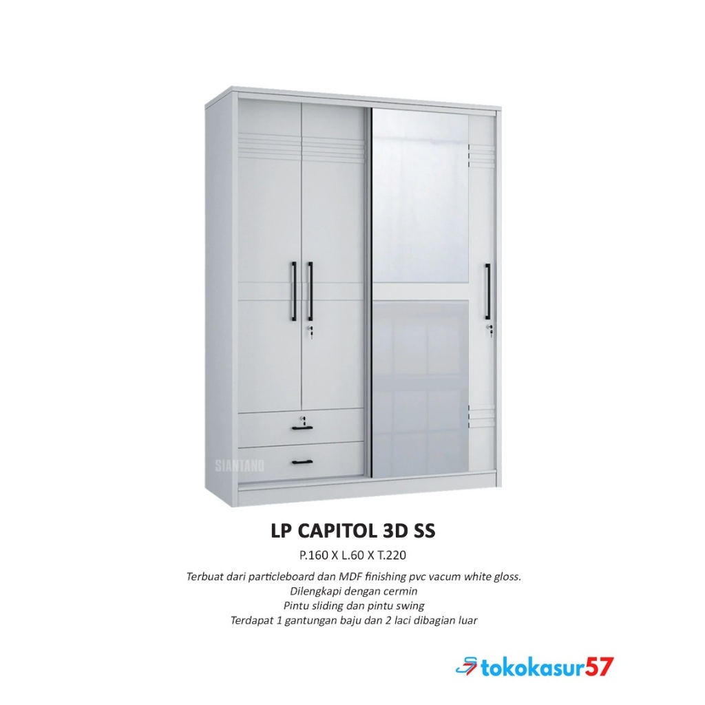 Lemari Pakaian - Wardrobe LP CAPITOL 3DSS White Glossy