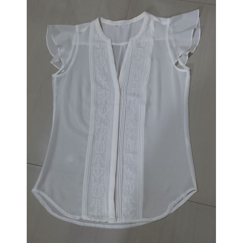 BLOUSE SIFON PUTIH BORDIR - PRELOVED