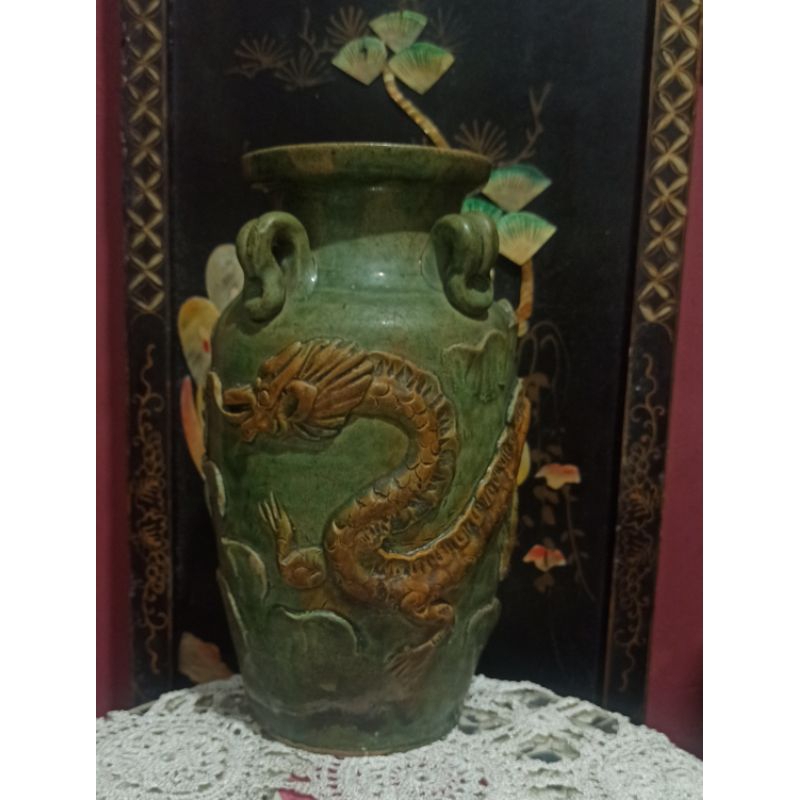 Guci kuno Naga Timbul Kalimantan Hijau kecoklatan Antik Langka T: 26cm