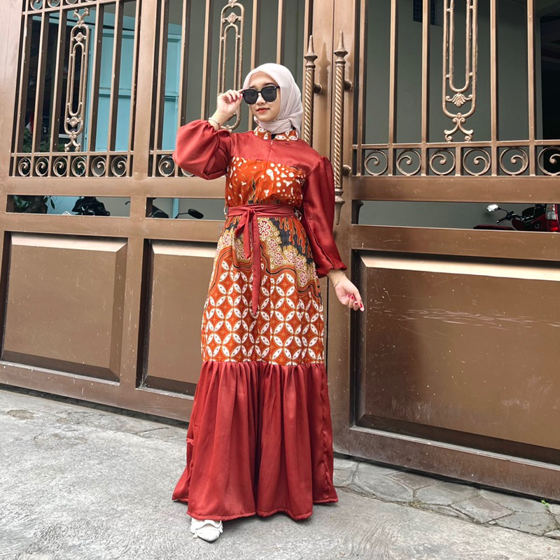 Yasmine Gamis Couple Set Hijab Batik Kombinasi Santorini Silk Premium