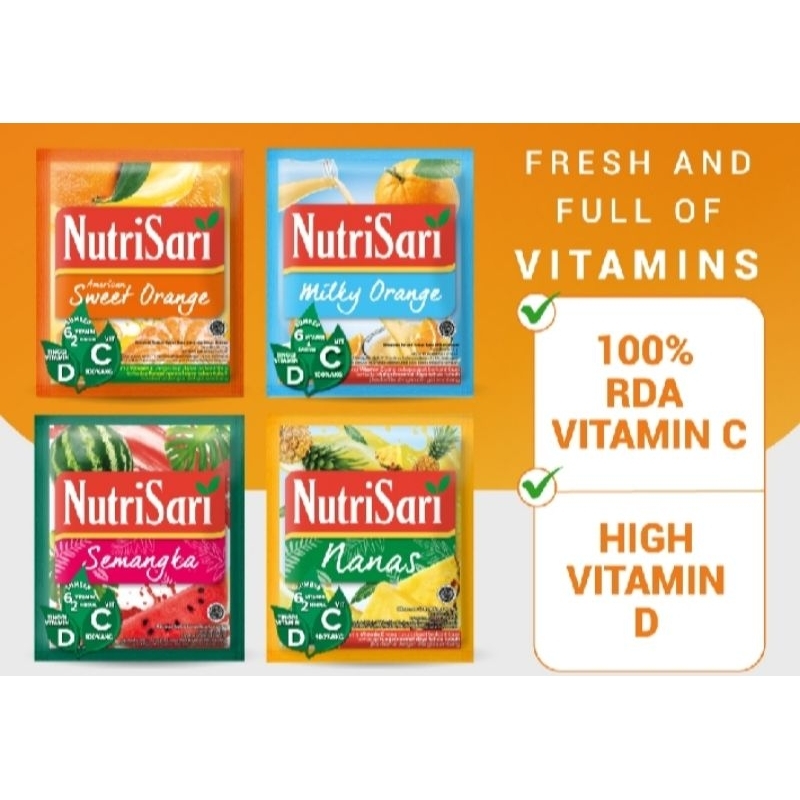 

Nutrisari Renteng isi 10 sachet Sweet Orange / Cincau / Blewah / Markisa / Anggur / Semangka / Nanas / Jeruk Nipis Minuman Serbuk Rasa Jeruk