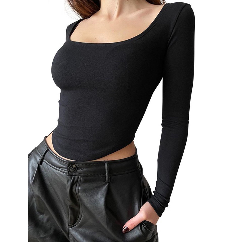 Ameera New Crop Top Square Neck Longsleeve Atasan Kaos Wanita Lengan Panjang Bodycon