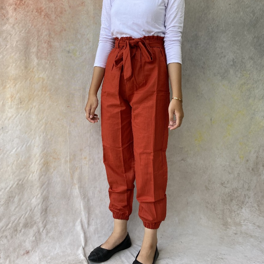 Naya Pants Celana Joger Linen Wanita Pinggan Elastis Size M L XL XXL Jumbo Tali Variasi Saku Samping