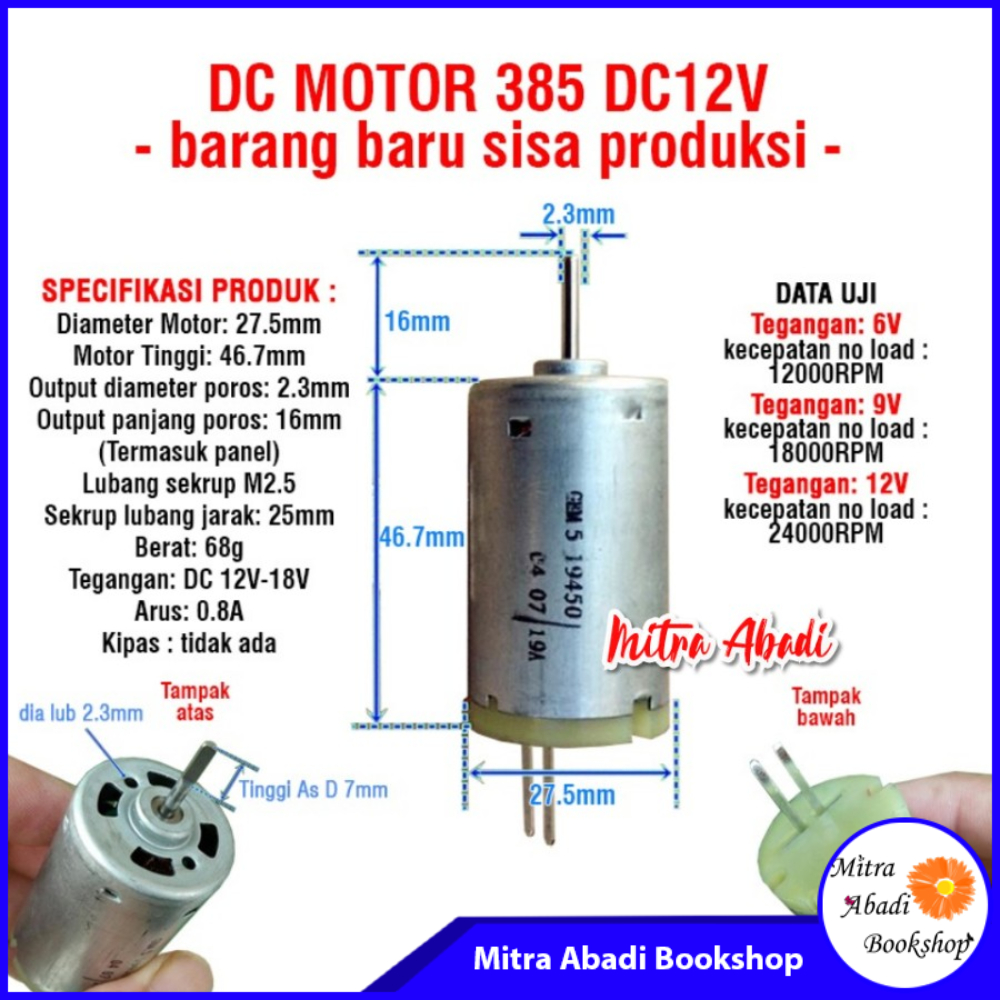 DC Motor Dinamo Kecil 385 DC 12V 15W Axis As 2.3mm 2.35mm NO FAN