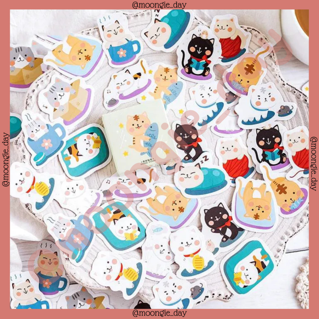 

45 PCS/BOX STIKER KERTAS TEMA CUTE CAT WITH FISH PLAY KUCING DENGAN IKAN MAIN BULLET JURNAL STICKERS STICKER DIY DIARY SCRAPBOOK BUKU HARIAN LUCU MURAH
