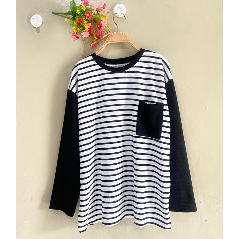 kaos wanita salur kaos knit premium tangan panjang atasan wanita oversize kaos salur wanita jumbo