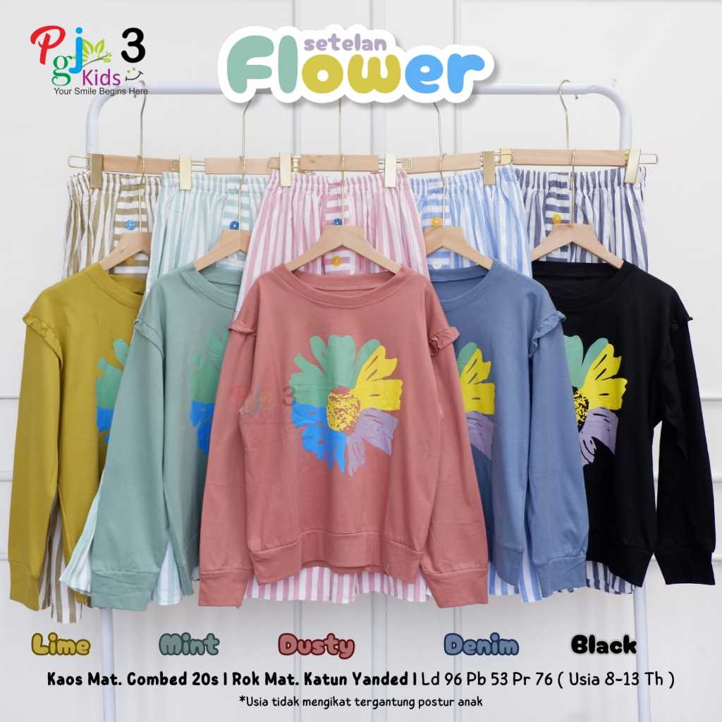 FLOWER / DIVYA / CELINE SETELAN KAOS REMAJA + ROK MOTIF SALUR Original by PGJ Kids