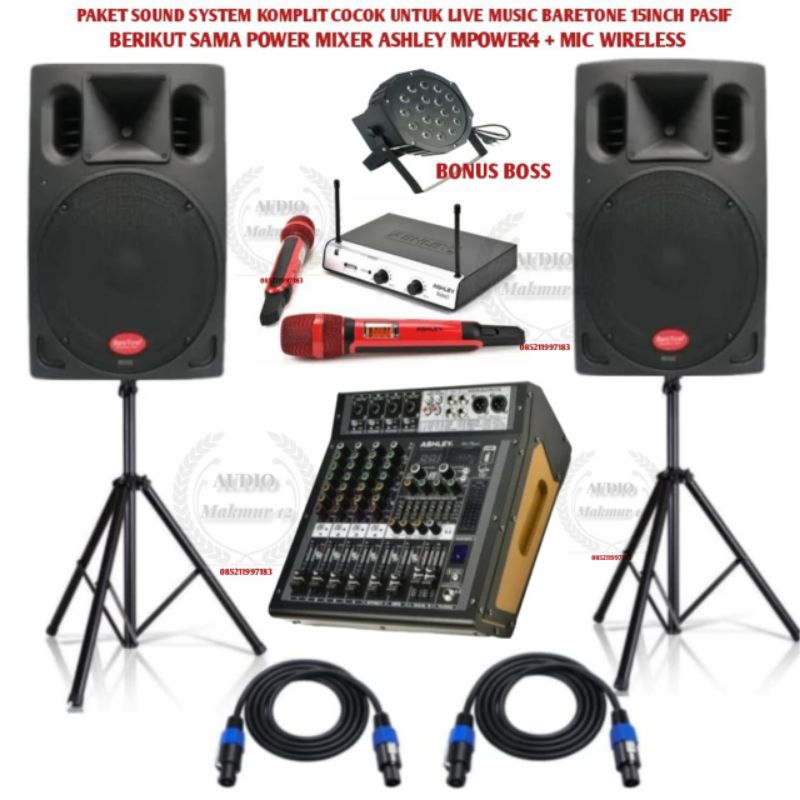 Paket Sound System Profesional BT-A1530W 15 Inch Pasif Komplit Power Mixer Ashley 4 Channel Dan Mic Wireless Ashley Original Garansi Resmi 1 Tahun