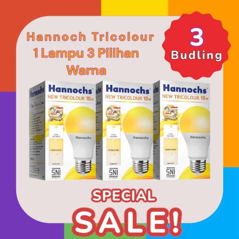 SPECIAL BUDLING 3 PCS - HANNOCH NEW TRICOLOUR BOHLAM LED 10 WATT 1 LAMPU 3 CAHAYA WARNA