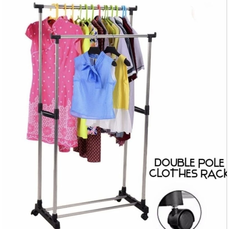 STAND HANGER DOUBLE POLE Gantungan Gawang Baju Stainless Rak Jemuran Roda Etalase Display Pakaian Di