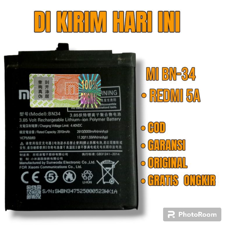 BATERAI / BATTERY / BATRE REDMI 5A / BN-34 ORI  BN34 BN 34
