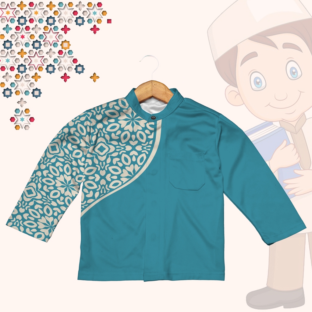 Baju Muslim Koko Jersey Anak Seamtries Biru Tosca Laki-Laki Lengan Panjang Pendek Custom Printing