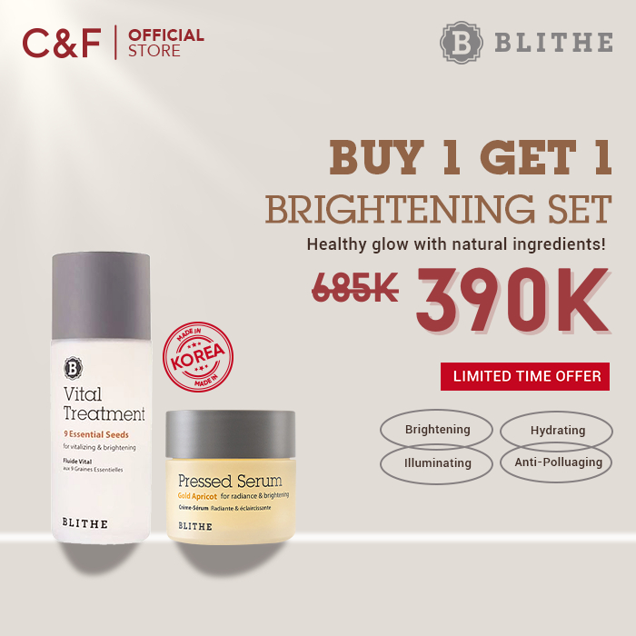 [BUY 1 GET 1 FREE] Blithe Pressed Serum Gold Apricot 22 G + Blithe Vital Treatment Essence - 9 Essential Seeds 54 ml