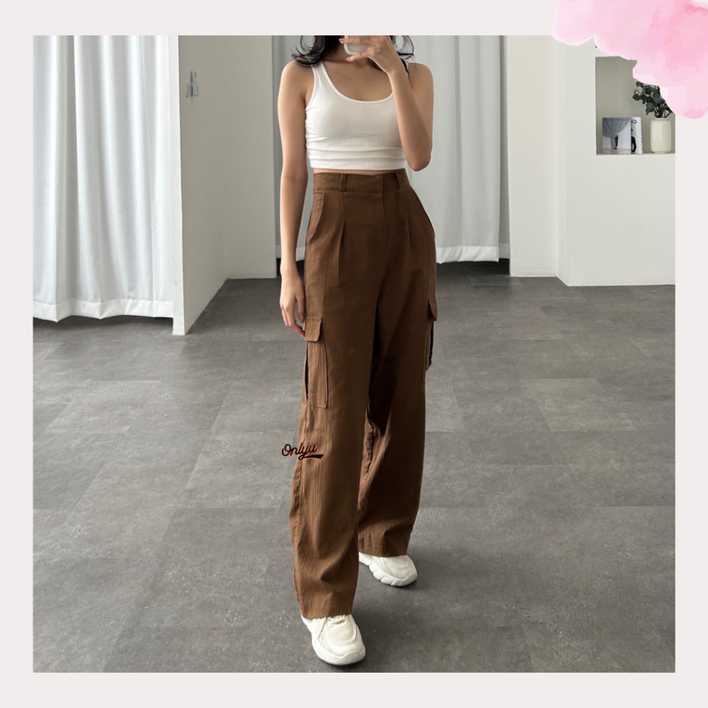 Celana Kulot Cargo Highwaist Loose Pants Linen Wanita