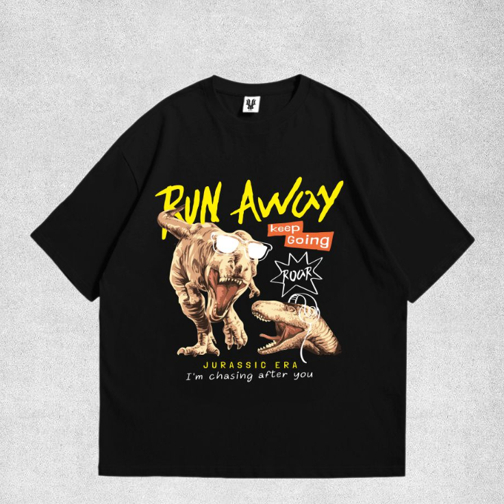 KAOS ORIGINAL DISTRO / HOLAHYPE / RUN AWAY / T SHIRT DINO / BAJU REMAJA HITAM / KAOS HITAM DINO / Ar