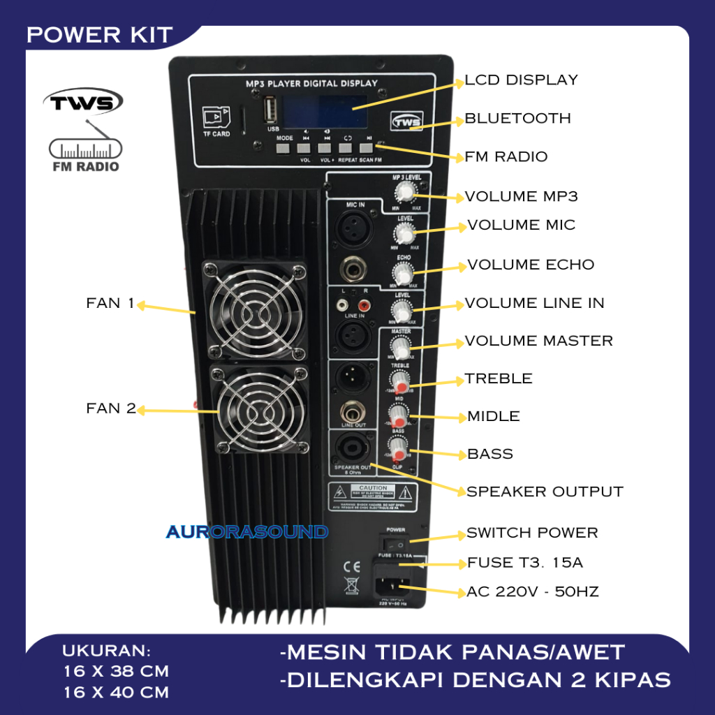 POWER KIT DOUBLE FAN MESIN KIT SPEAKER AKTIF SD USB BLUETOOTH 500-1000 WATT ORIGINAL
