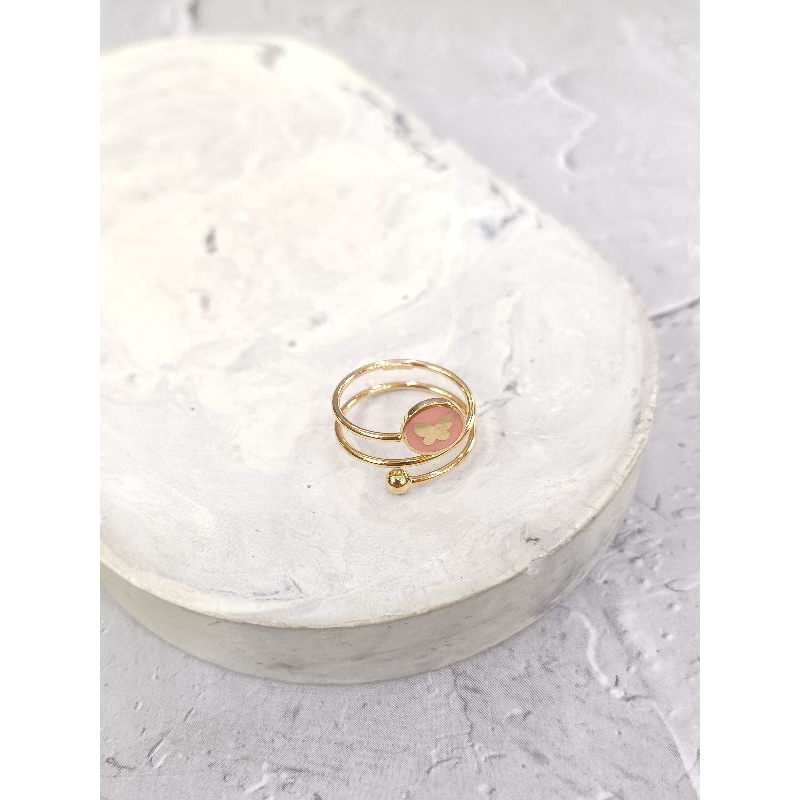 Cincin spiral kupu - kupu enamel pink Emas Asli 8K