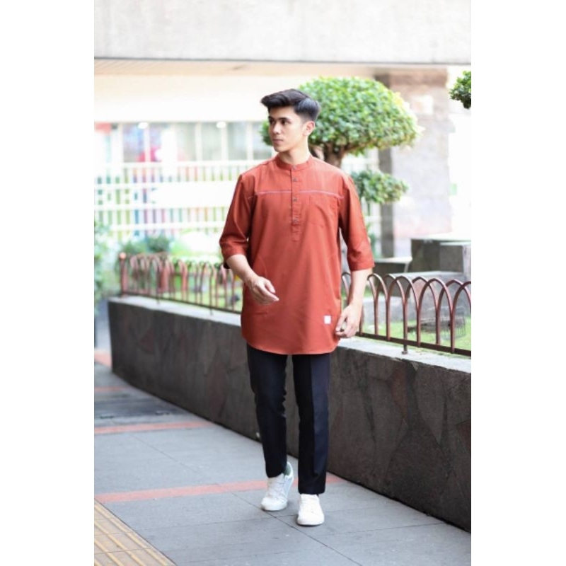 alwalid kurta dewasa lengan 3/4 teracota  biru wardah denim /baju koko Pakistan premium