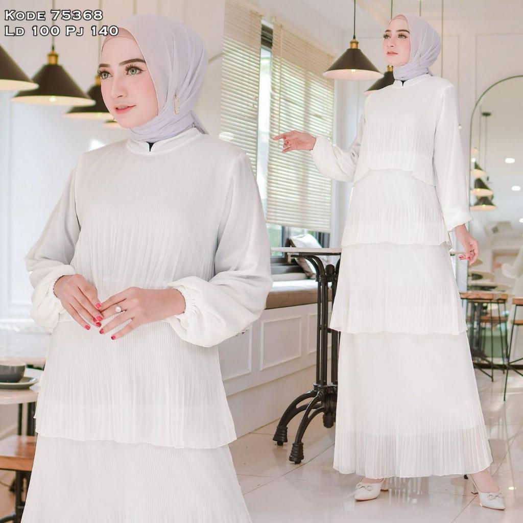 Gamis Ceruty Plisket Rempel Putih Polos Gaun Muslim Vima 75368