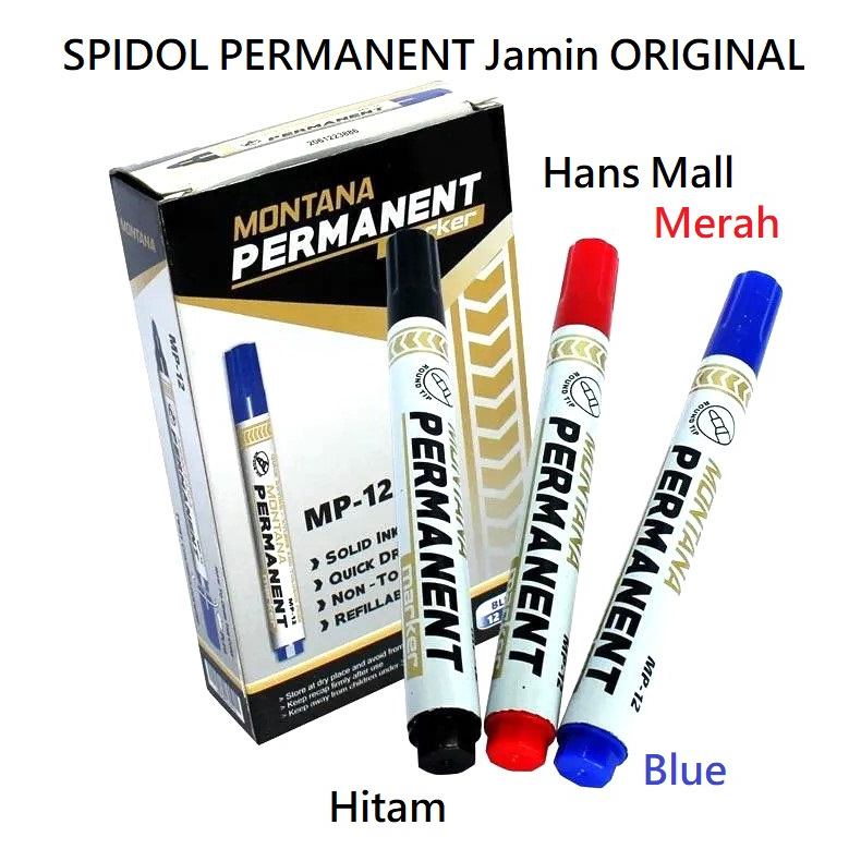 

Hans !! SPIDOL Permanent HITAM - BIRU - MERAH MONTANA MP - 12 / Alat Tulis Kantor / Sekolah / Papan Tulis / Black Red Blue SPIDOOL SEPIDOL