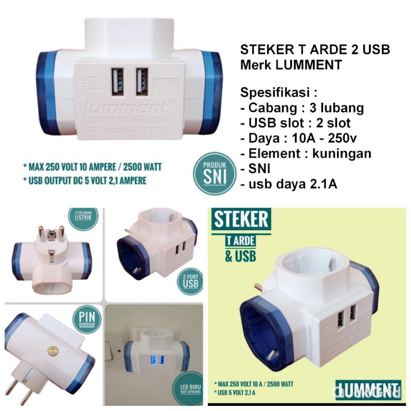 Steker T Arde + USB 2 Port LUMMENT/Colokan T USB