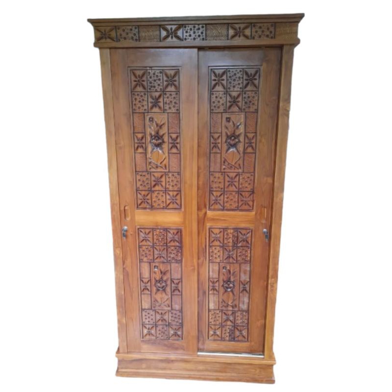 Lemari P2 Jati Ukir Minimalis Pintu Sliding Original Jepara