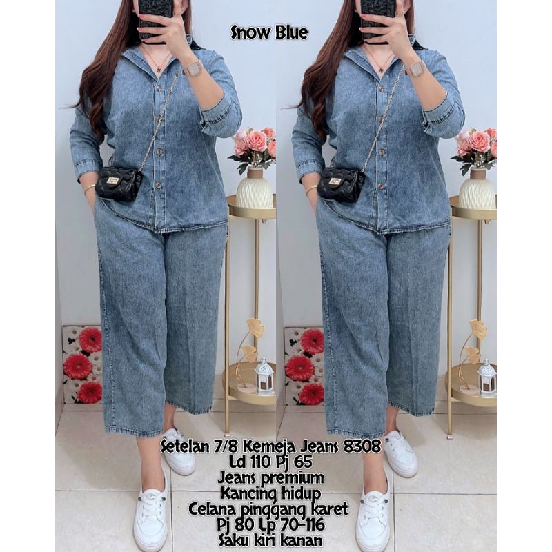 8308 SETELAN KEMEJA JEANS 7/8 WANITA|ONE SET LD 110