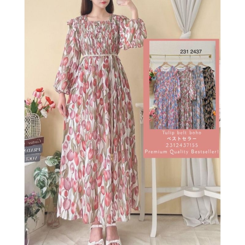 Dress / gamis Yuna series smoke tulip+belt kain&rajut