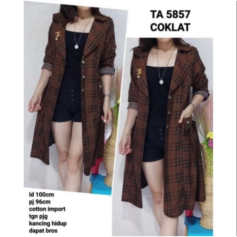 LONG BLAZER WANITA KATUN PREMIUM MOTIF KOTAK FREE BROSS BESTSELLER / BLAZER WANITA