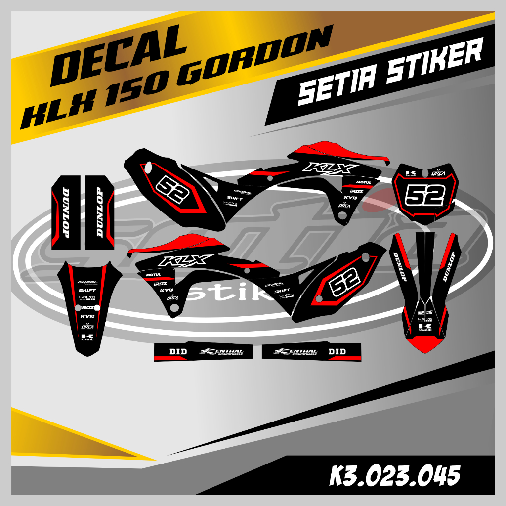 DECAL KLX GORDON, WARNA HITAM LISH MERAH SIMPLE KEREN, STIKER SUPERMOTO TRAIL, DESAIN BEBAS CUSTOM B