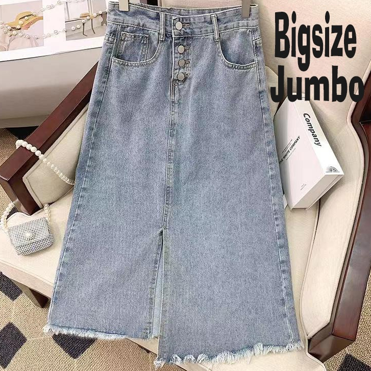 Fashion Highwaist Depan Kancing rok jeans belah tengah rok denim A-Line wanita panjang rok jeans kor