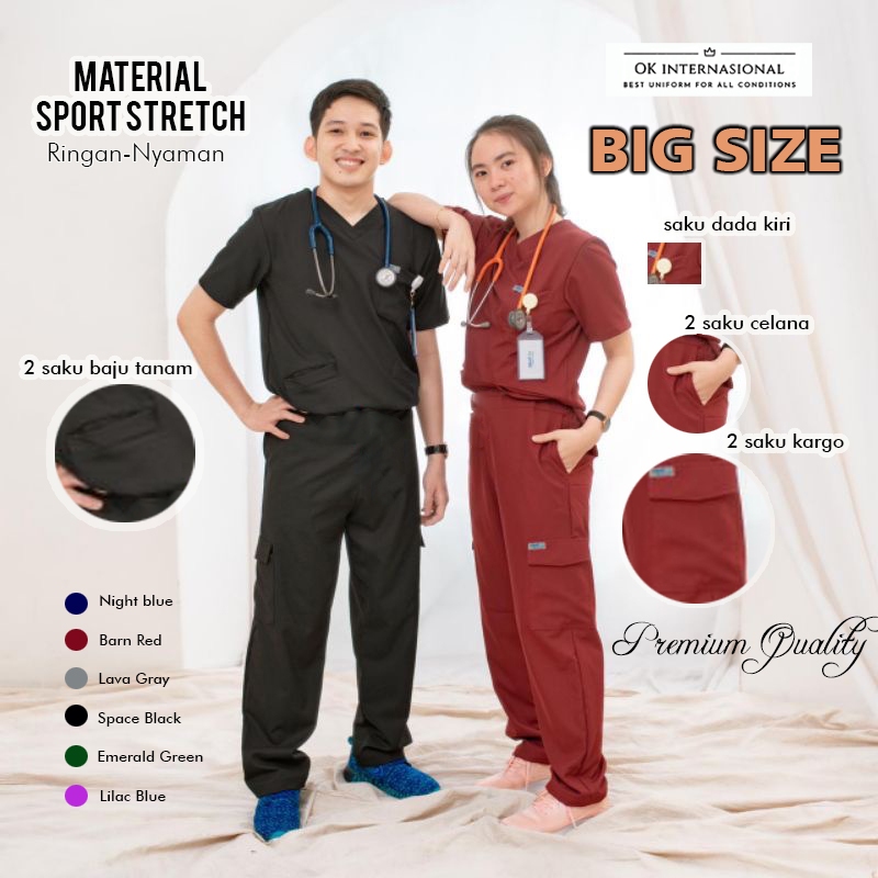(BIG SIZE Cotton Stretch - Lengan Pendek) Setelan Baju Celana Jaga OK Oka Scrub Medis Nakes Perawat 
