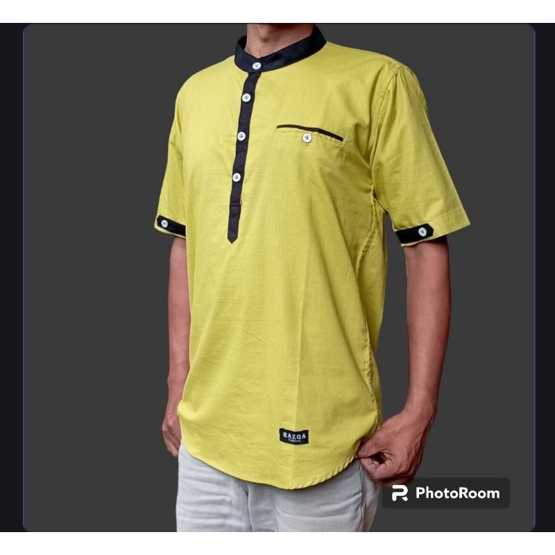 Kemko Pria lengan Pendek warna lime keren / Baju koko kurta Pendek hijau lime terbaru / Kemko Kemeja
