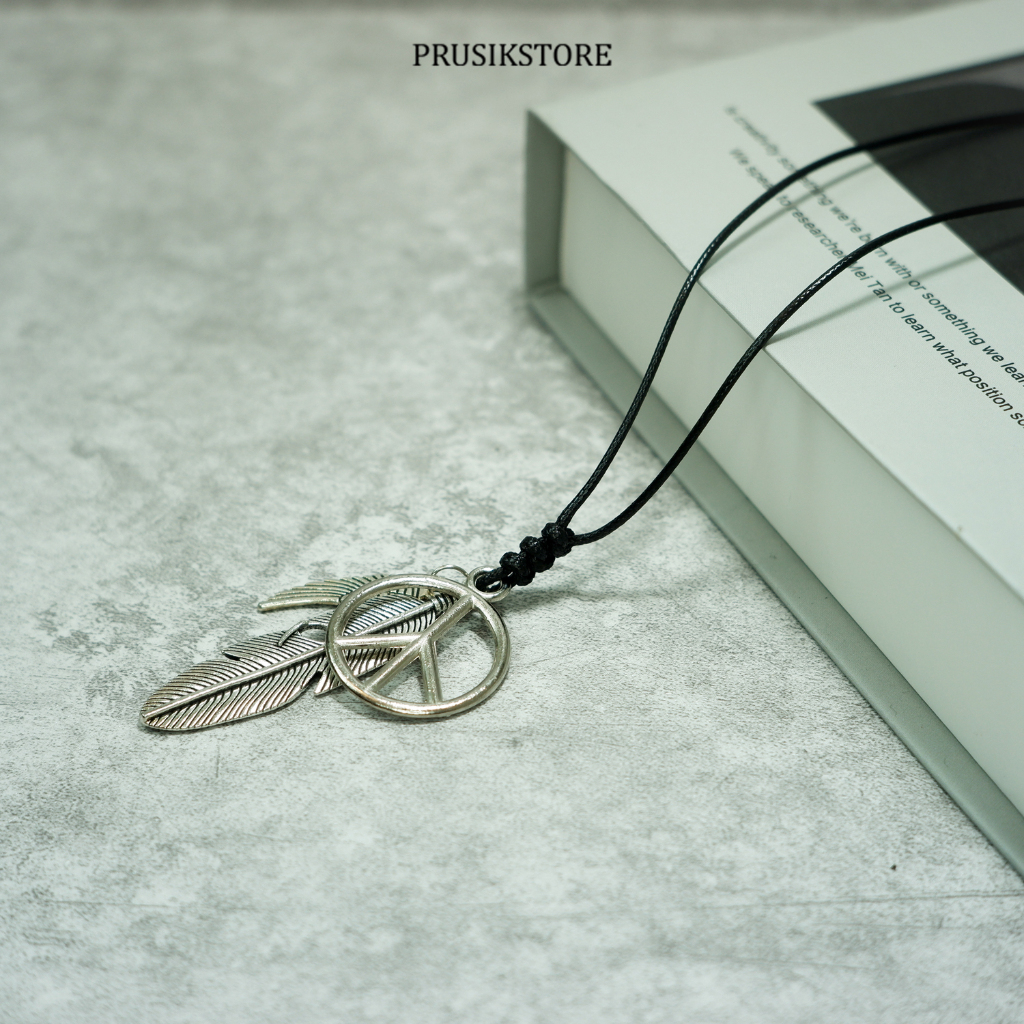 Kalung Pria Cowok Keren Tali Liontin Peace Bulu Feather Antique Gold Silver Premium Necklace