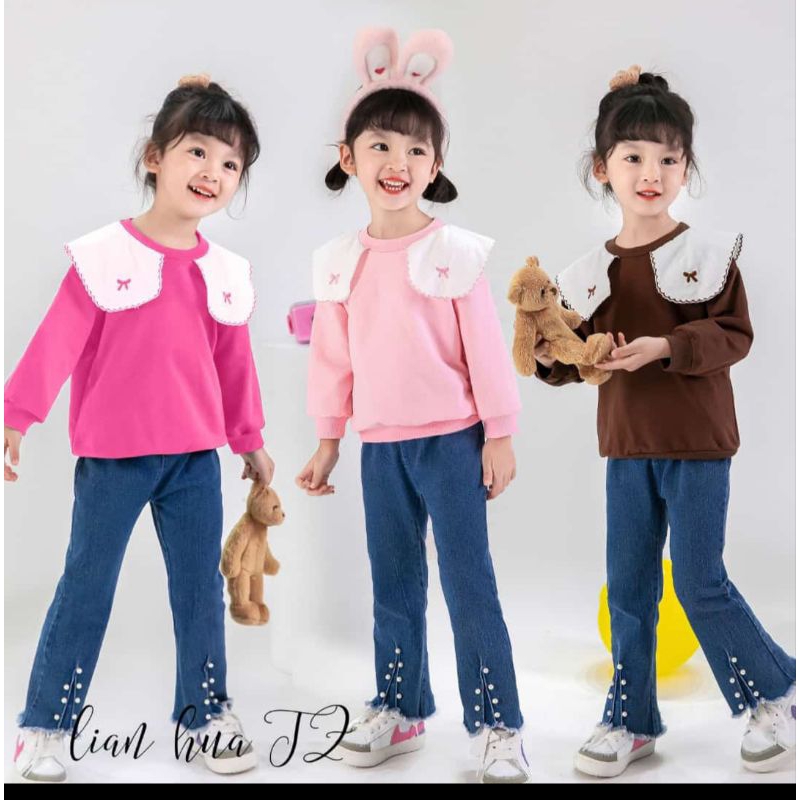 Stelan anak perempuan 1 -4 tahun/kaos lengan panjang kerah bordir pita+celana jeans panjang