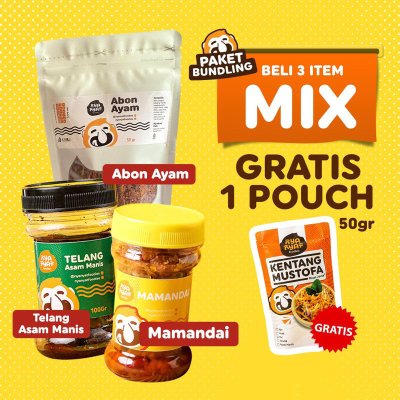 

PAKET BUNDLING MIX ABON AYAM + TELANNG ASAM MANIS + MAMANDAI FREE KENTANG MUSTOFA