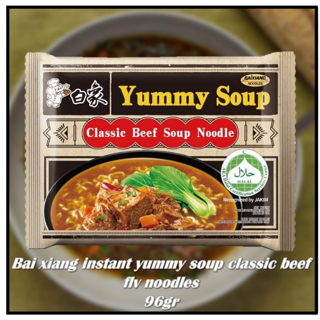 

Bai xiang instant yummy soup classic beef flv noodles 96gr